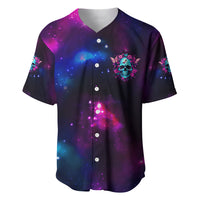 Galaxy baseball jersey, V-neck button front in dark purple/blue with floral chest graphic