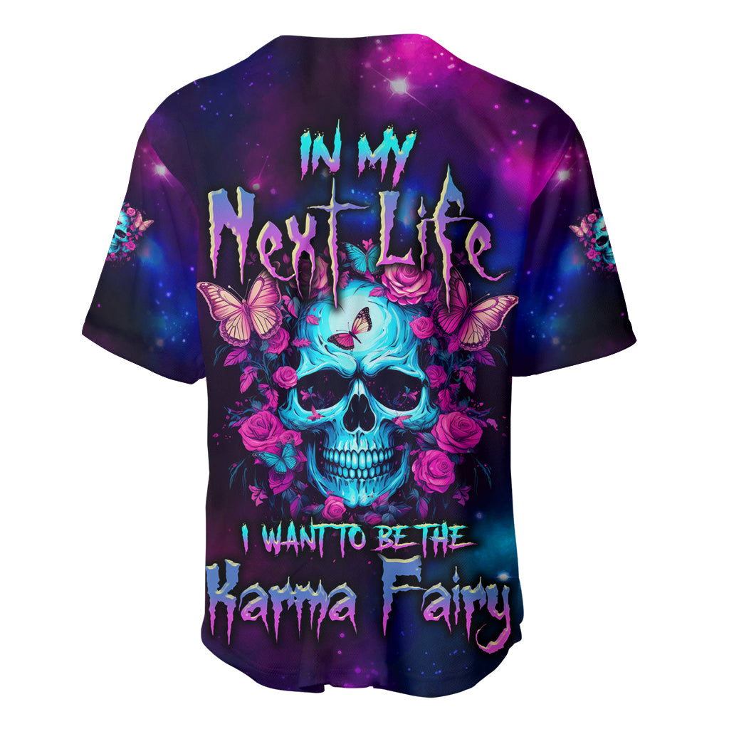 Galaxy baseball jersey, dark purple/blue with skull, roses, butterflies graphic on back