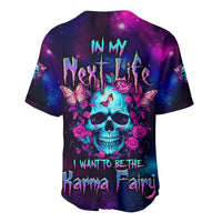Galaxy baseball jersey, dark purple/blue with skull, roses, butterflies graphic on back