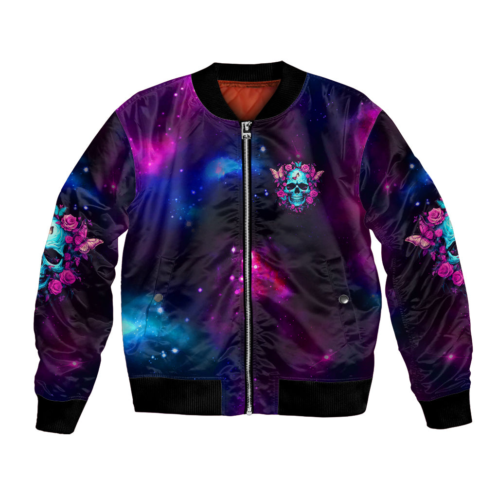 Multicolor zip-up bomber jacket with galaxy skull emblem and rose sleeve graphics