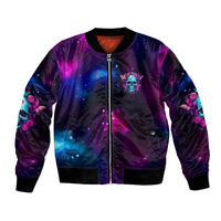 Multicolor zip-up bomber jacket with galaxy skull emblem and rose sleeve graphics