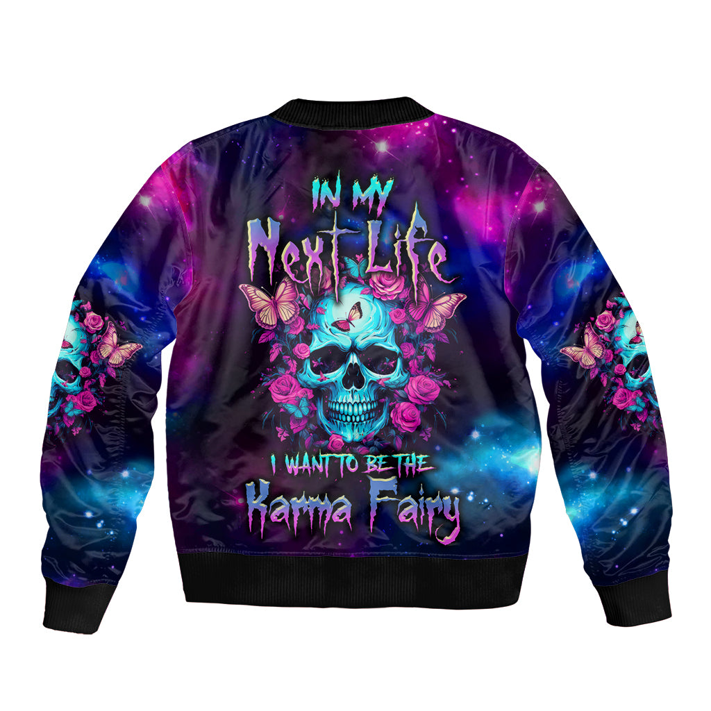 Multicolor galaxy bomber jacket with skull fairy graphic, ribbed collar and cuffs