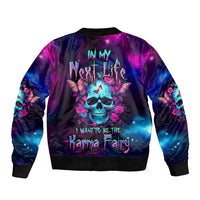 Multicolor galaxy bomber jacket with skull fairy graphic, ribbed collar and cuffs