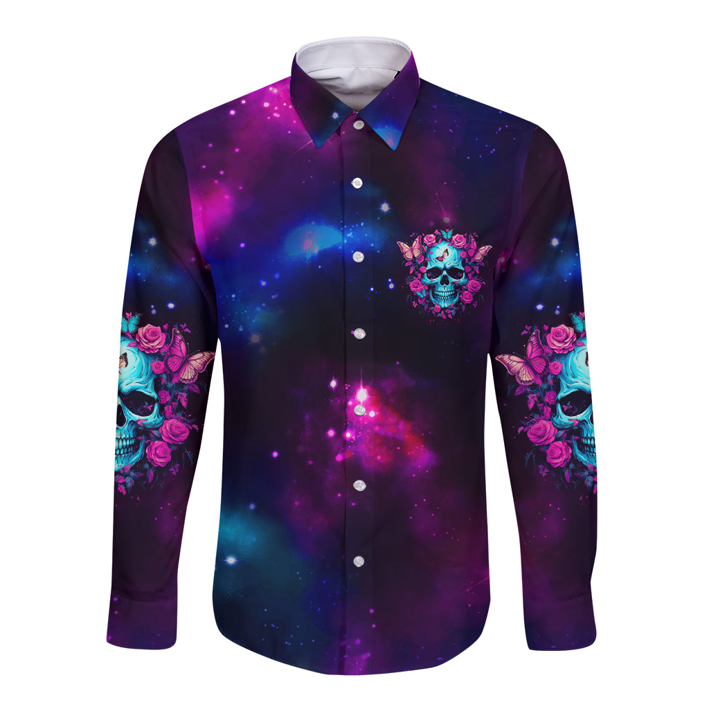 Galaxy button-up shirt with floral sleeve prints and dark purple-blue star pattern