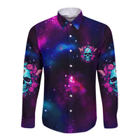 Galaxy button-up shirt with floral sleeve prints and dark purple-blue star pattern