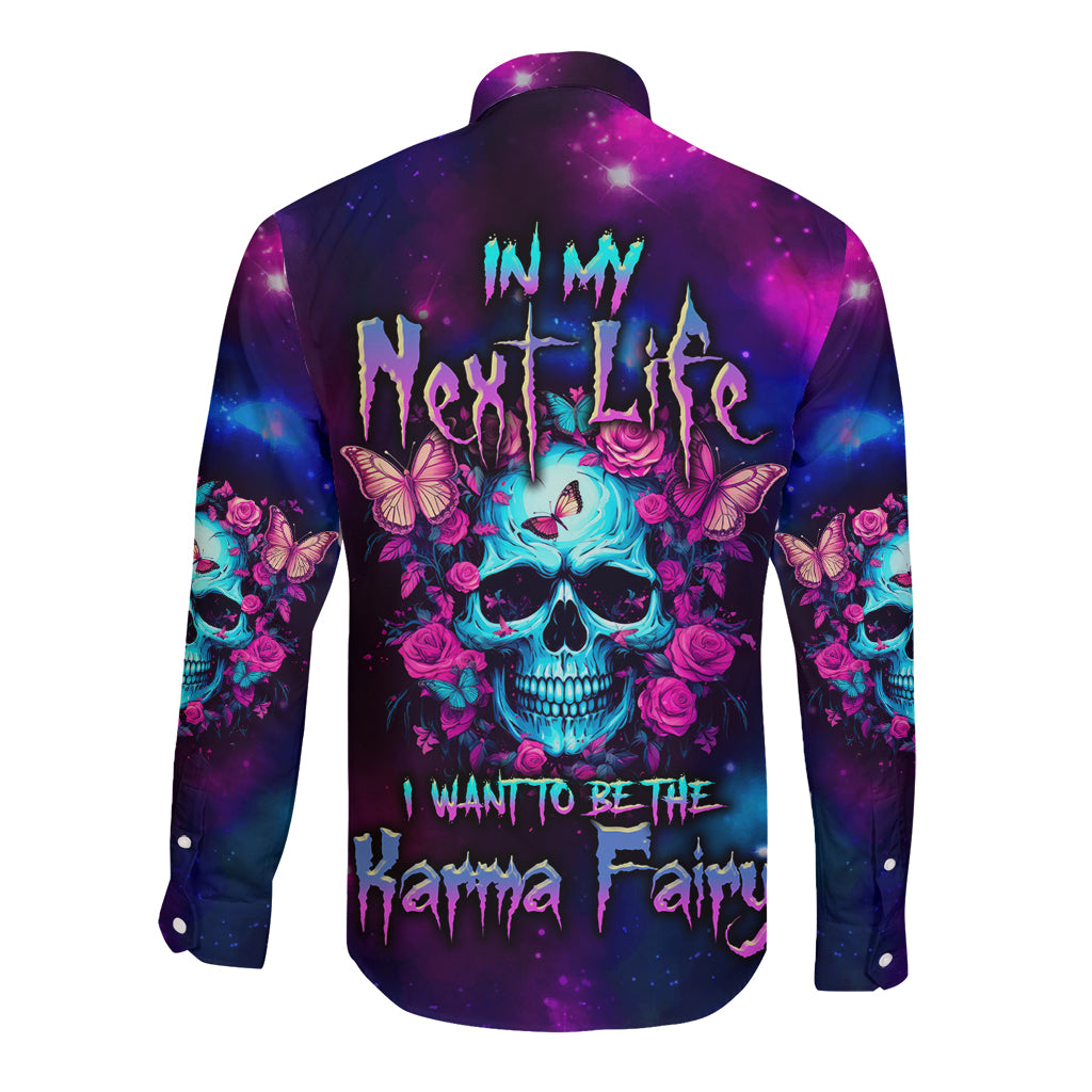 Galaxy skull graphic long-sleeve button shirt with roses and fairy motifs, multicolor