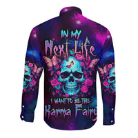 Galaxy skull graphic long-sleeve button shirt with roses and fairy motifs, multicolor