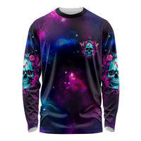 Unisex long-sleeve shirt with galaxy print and floral skull detail at chest