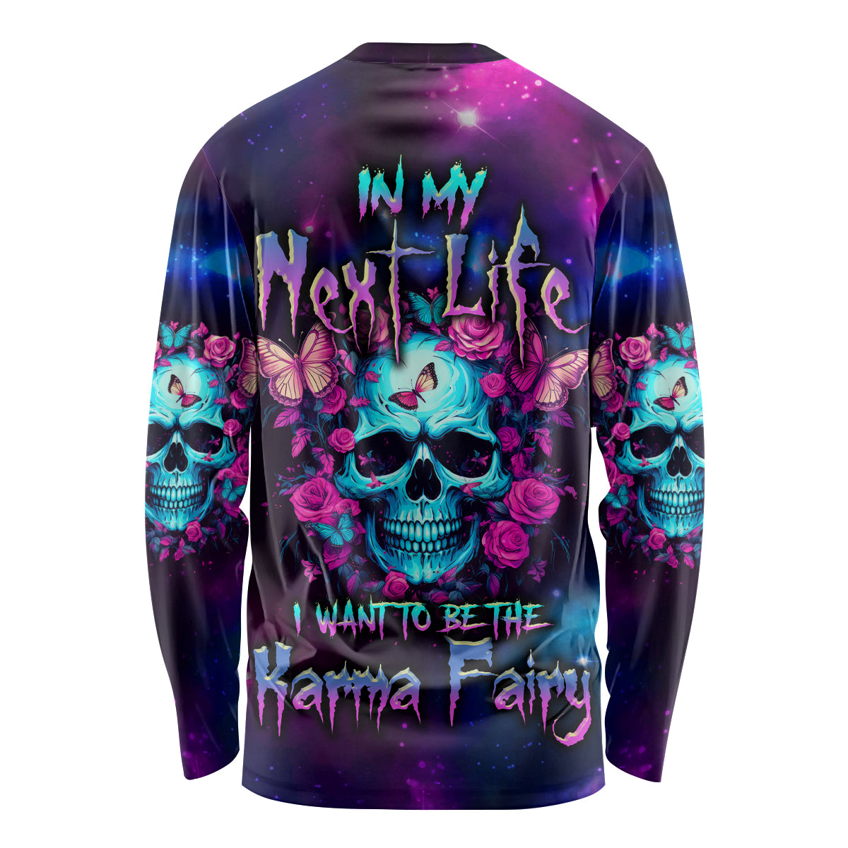 Unisex long-sleeve shirt with galaxy skull, roses, and text graphic on back