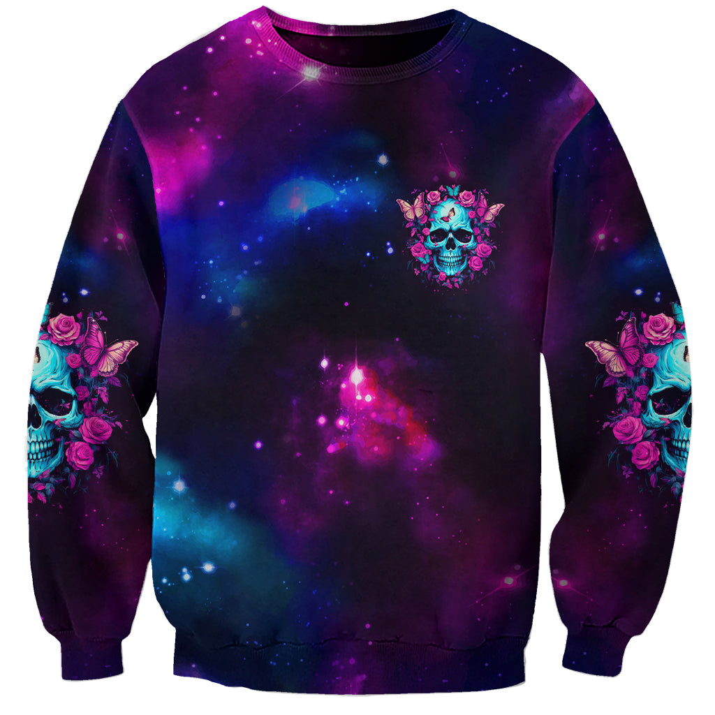 Multicolor galaxy sweatshirt with center skull and rose wreath graphic