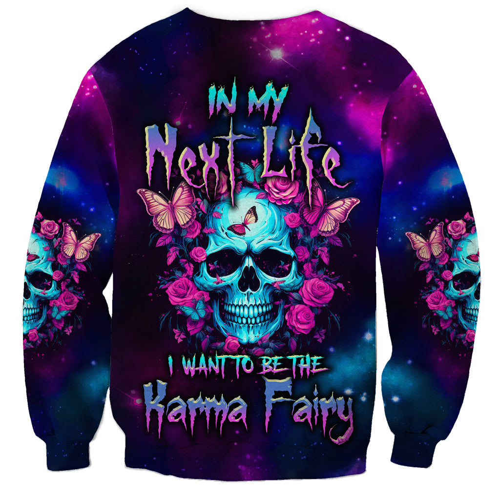 Multicolor galaxy skull sweatshirt with roses, butterflies, and front text graphic