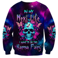 Multicolor galaxy skull sweatshirt with roses, butterflies, and front text graphic