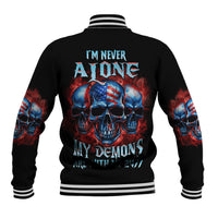 Black baseball jacket with multicolor skull graphic, striped ribbed collar and cuffs