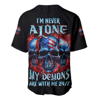 Black baseball jersey with colorful skull graphic on back and bold text
