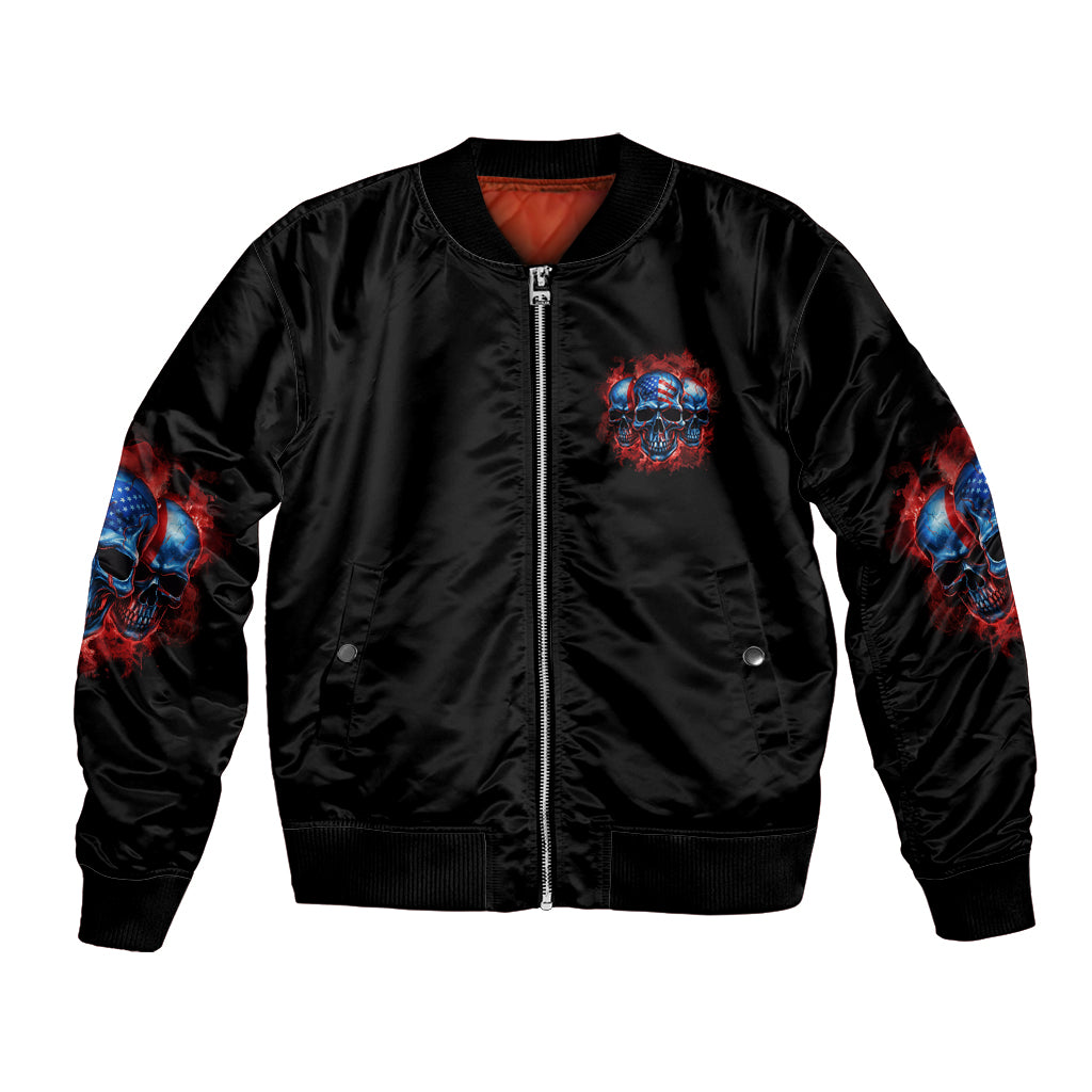 Black bomber jacket with front zipper, chest skull patch, and blue-red flame sleeve graphics