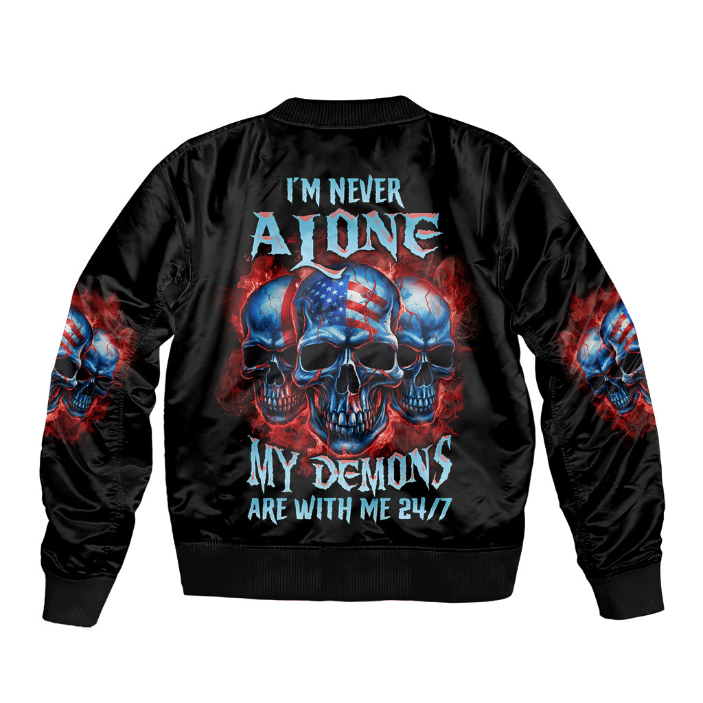 Black bomber jacket with full back skull graphic, text, and blue-red flames on sleeves