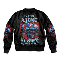 Black bomber jacket with full back skull graphic, text, and blue-red flames on sleeves