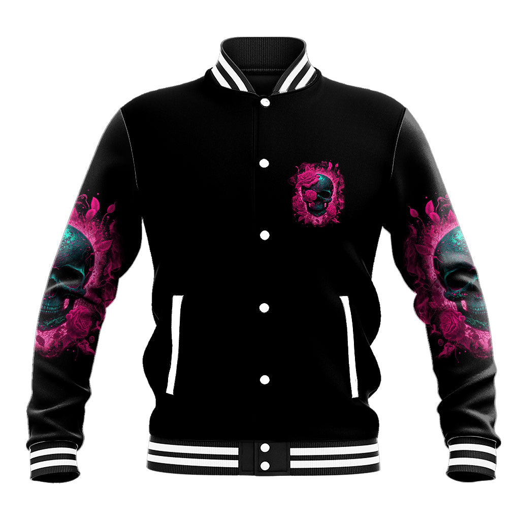 Black varsity baseball jacket with front button placket, rose chest graphic, striped cuffs