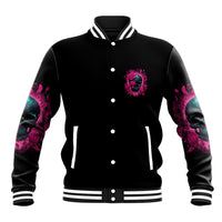 Black varsity baseball jacket with front button placket, rose chest graphic, striped cuffs