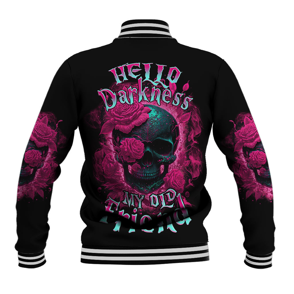 Black baseball jacket with multicolor skull rose back graphic, striped ribbed collar and cuffs