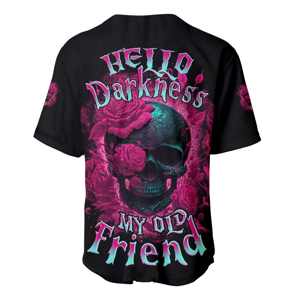 Black baseball jersey with pink-purple skull graphic and rose text on back