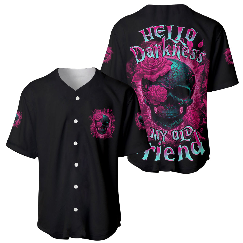 Pair of black baseball jerseys: one button-front, one with pink skull-and-rose back print