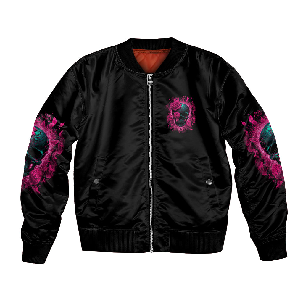 Black zip-up bomber jacket with chest skull-and-rose print and multicolor sleeve artwork.