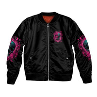 Black zip-up bomber jacket with chest skull-and-rose print and multicolor sleeve artwork.