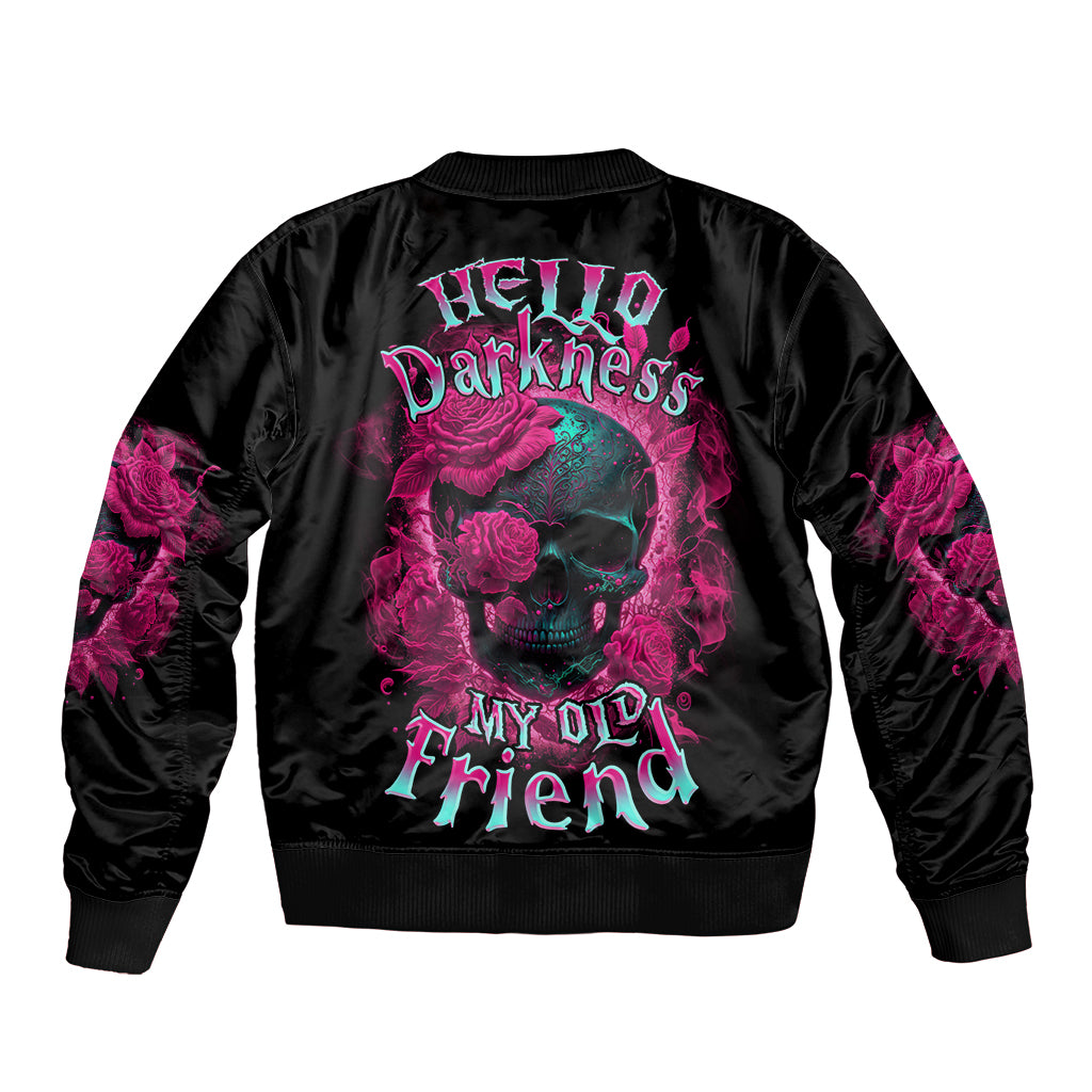 Black bomber jacket with front-back skull and rose graphic, ribbed collar and cuffs.