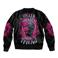 Black bomber jacket with front-back skull and rose graphic, ribbed collar and cuffs.