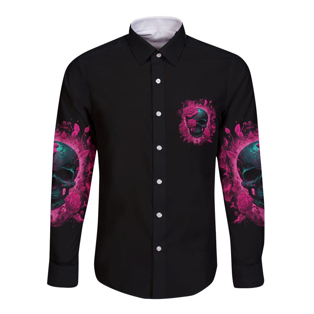 Black long-sleeve button shirt with pink skull chest print and teal-pink sleeve accents