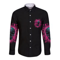 Black long-sleeve button shirt with pink skull chest print and teal-pink sleeve accents
