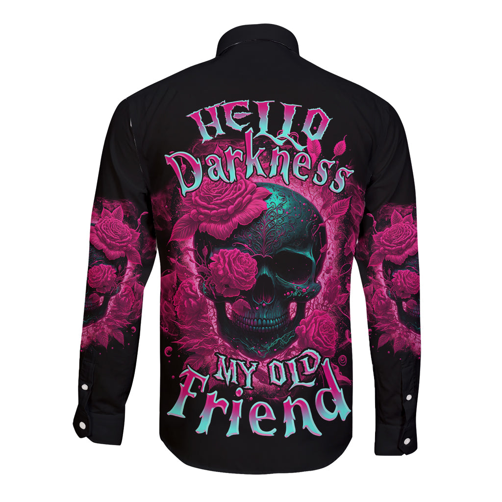 Black long-sleeve button shirt with colorful skull and roses graphic on back