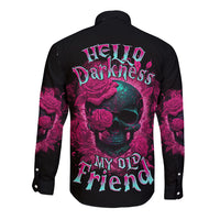 Black long-sleeve button shirt with colorful skull and roses graphic on back