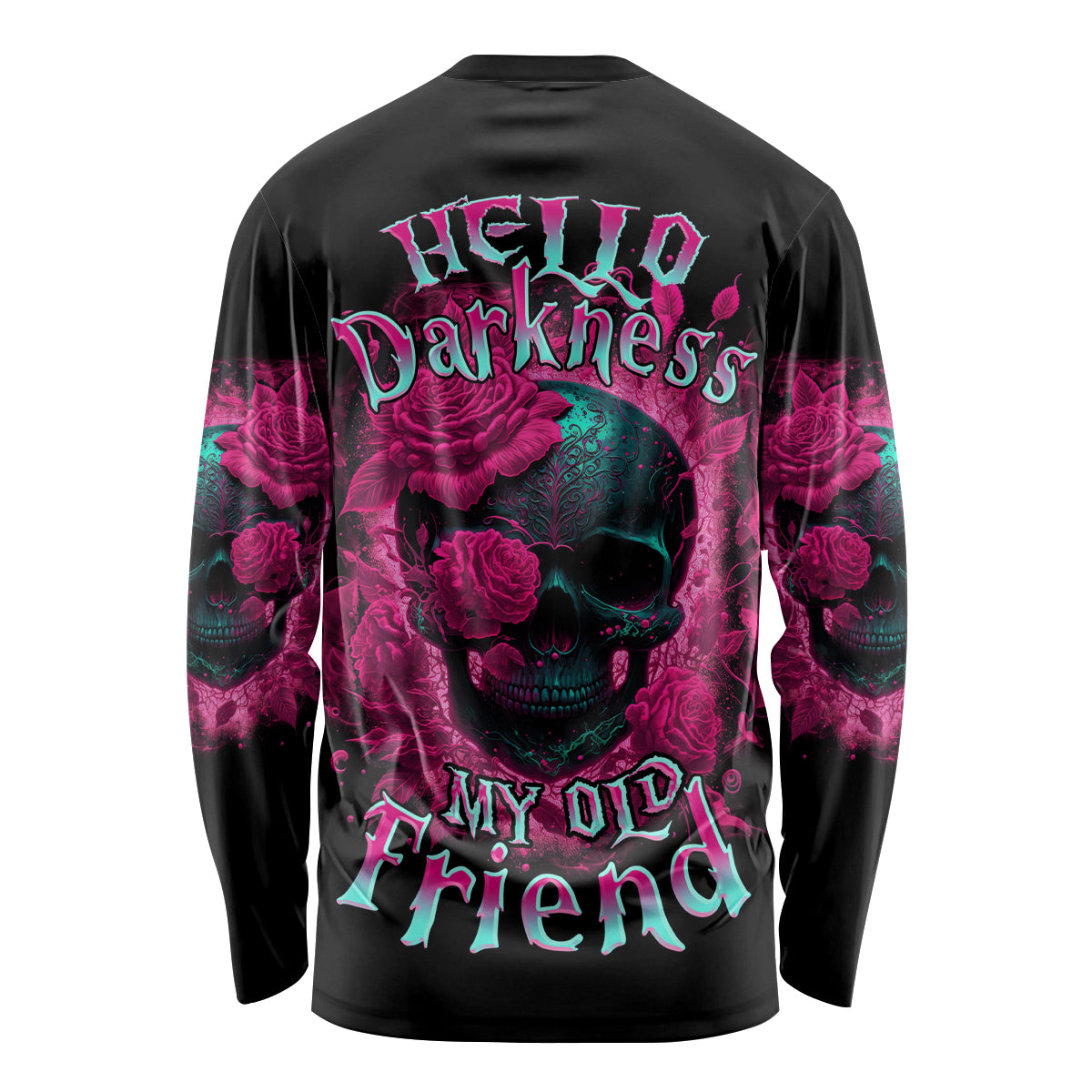 Black long-sleeve shirt with neon skull, roses, and 'My Old Friend' text on back