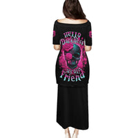 Black long T-shirt dress with purple floral skull graphic on back