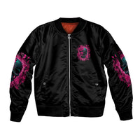 Black satin bomber jacket with front zipper and ribbed cuffs; skull-and-rose prints on chest and sleeves