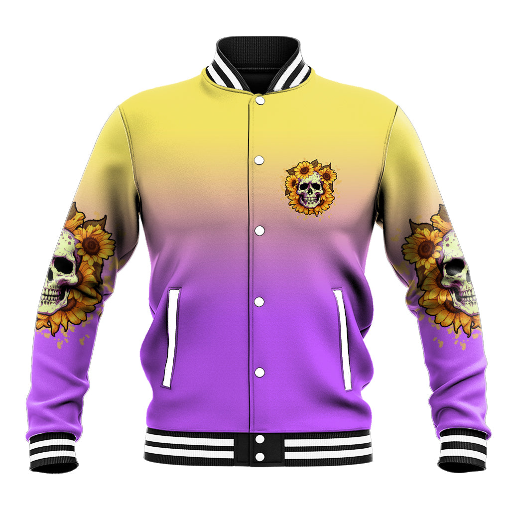 Unisex baseball jacket front view, sunflower emblem, yellow-purple gradient with snap buttons