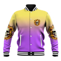 Unisex baseball jacket front view, sunflower emblem, yellow-purple gradient with snap buttons