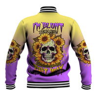 Unisex baseball jacket with sunflower skull back graphic, yellow and purple gradient