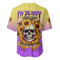Multicolor sunflower skull graphic baseball jersey, back view with bold text