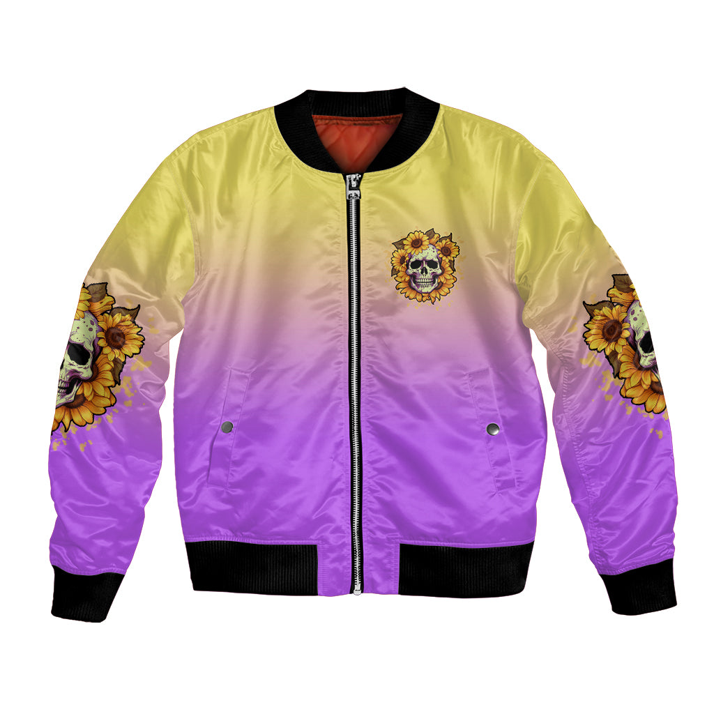 Sunflower-print bomber jacket, yellow-and-purple satin front zipper with ribbed cuffs and hem
