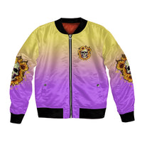 Sunflower-print bomber jacket, yellow-and-purple satin front zipper with ribbed cuffs and hem