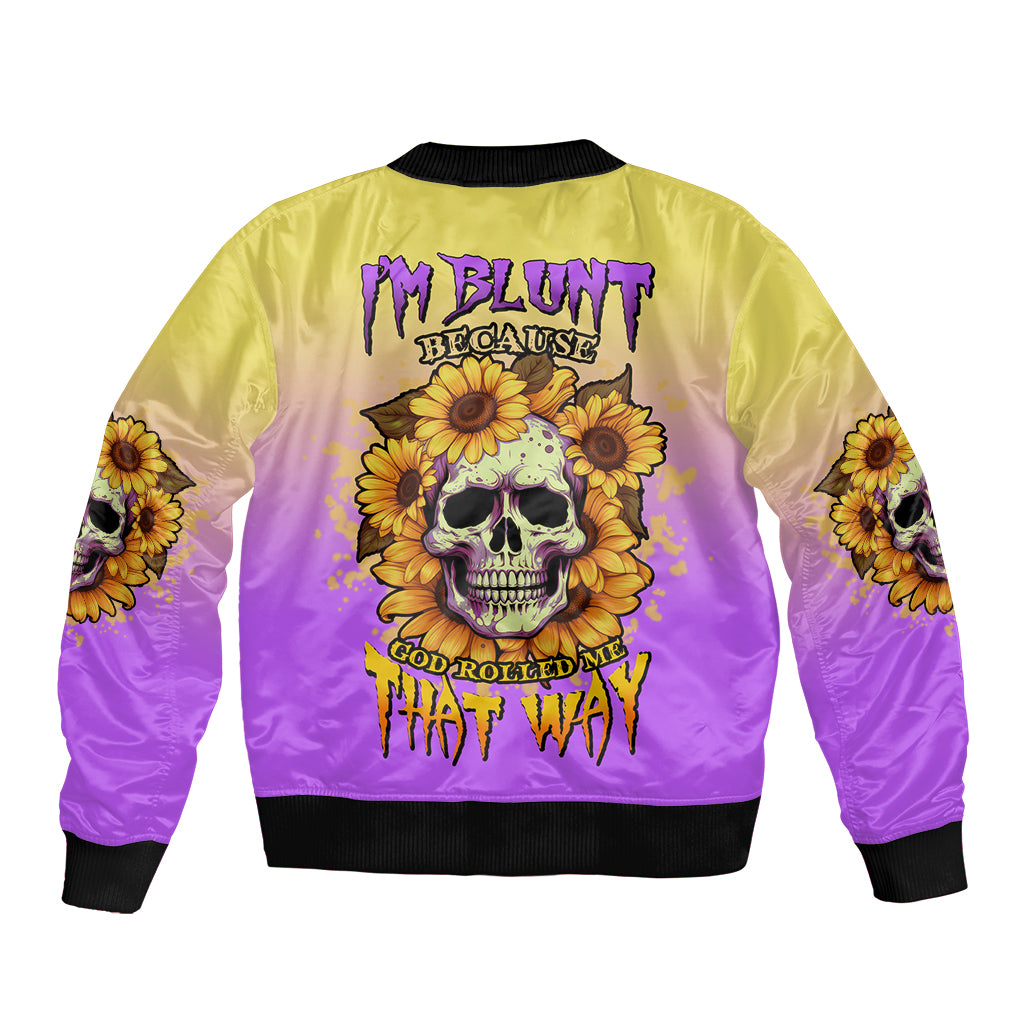 Sunflower skull bomber jacket, yellow and purple satin back graphic with ribbed collar, cuffs