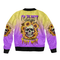 Sunflower skull bomber jacket, yellow and purple satin back graphic with ribbed collar, cuffs
