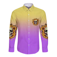 Long sleeve button shirt with sunflower skull chest print, yellow-to-purple gradient, long sleeves