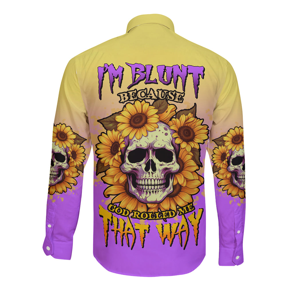 Long sleeve button shirt with sunflower skull graphic on back, purple and yellow gradient