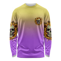 Unisex long sleeve shirt with front sunflower skull emblem and purple/yellow gradient