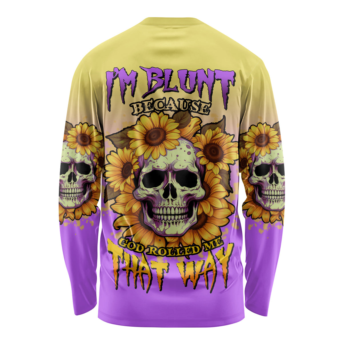 Unisex long sleeve shirt with back graphic of skulls, sunflowers, and purple/yellow gradient