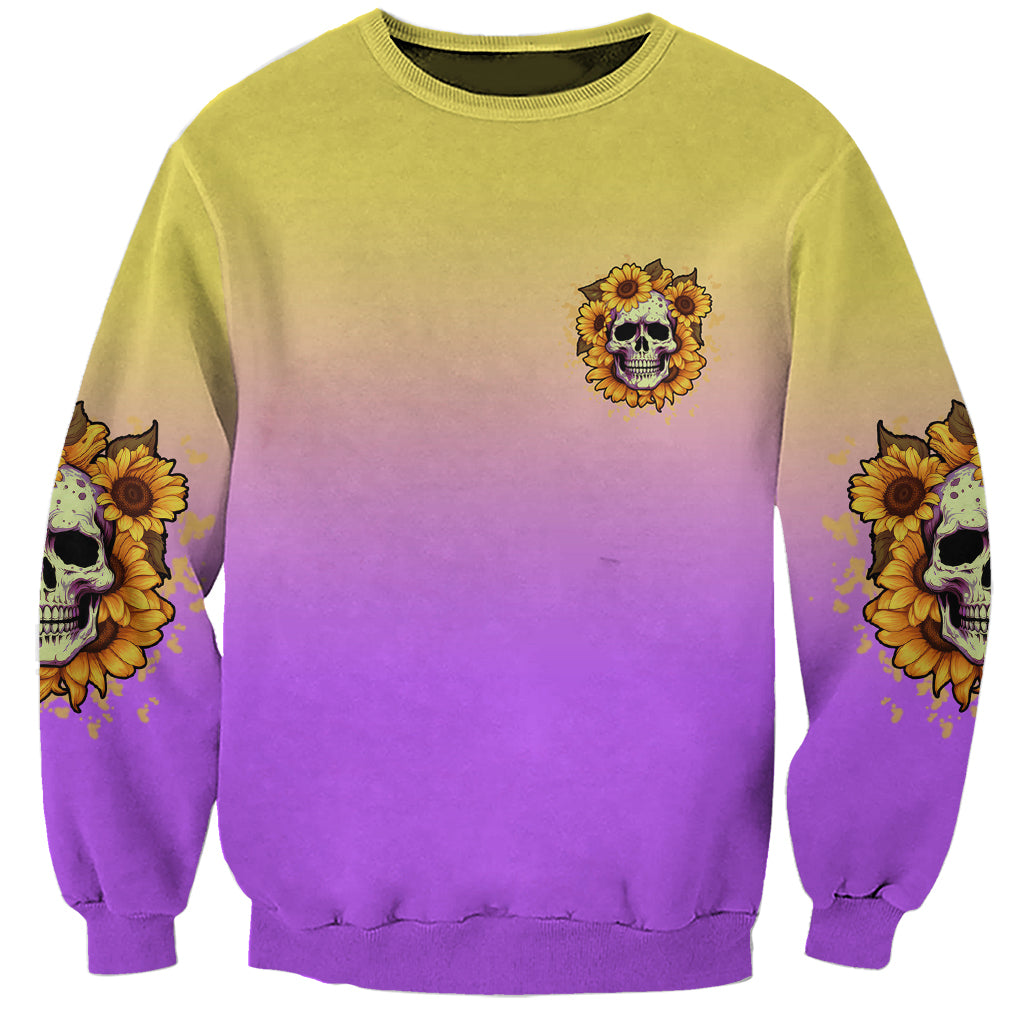 Sunflower skull sweatshirt with small front graphic, yellow-to-purple gradient